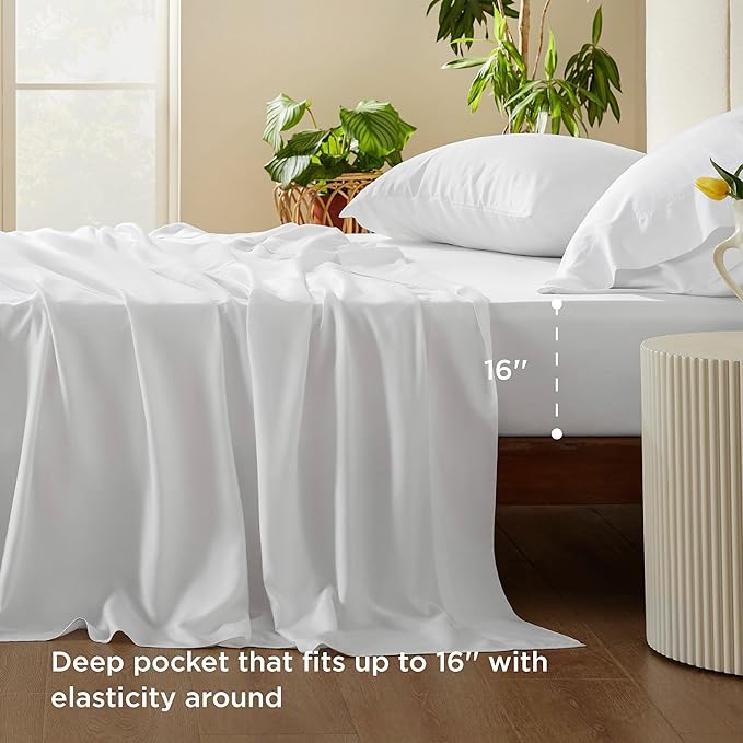 Bedsure Queen Sheets, Rayon Derived from Bamboo, Queen Cooling Sheet Set, Deep Pocket Up to 16", Breathable & Soft Bed Sheets, Hotel Luxury Silky Bedding Sheets & Pillowcases, White - LeafyLoom