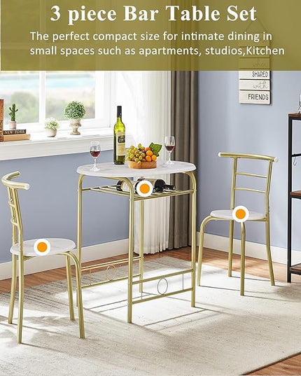VECELO 3 Piece Small Round Dining Table Set for Kitchen Breakfast Nook, Wood Grain Tabletop with Wine Storage Rack, Save Space, 31.5", White & Gold - LeafyLoom