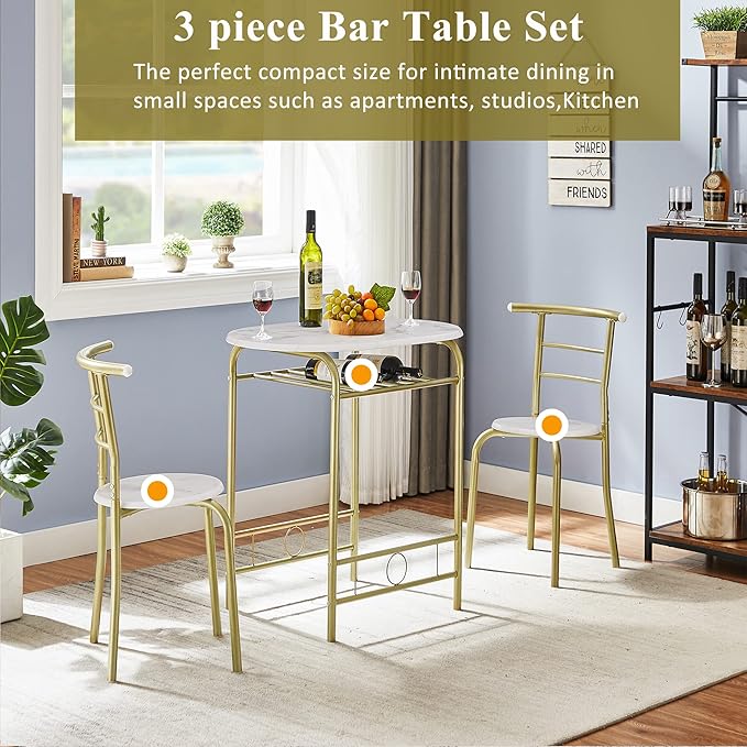 VECELO 3 Piece Small Round Dining Table Set for Kitchen Breakfast Nook, Wood Grain Tabletop with Wine Storage Rack, Save Space, 31.5", White & Gold - LeafyLoom