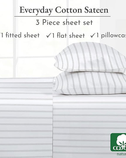California Design Den Stripe Twin Sheets Set, 100% Cotton 3 Pc Deep Pocket Twin Size Sheets & Pillowcase Set - Classic Stripe - LeafyLoom