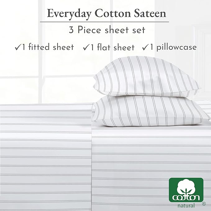 California Design Den Stripe Twin Sheets Set, 100% Cotton 3 Pc Deep Pocket Twin Size Sheets & Pillowcase Set - Classic Stripe - LeafyLoom