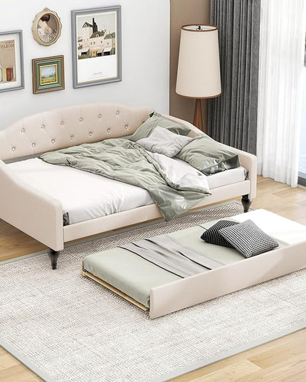 Full Size Upholstered Daybed with Trundle Bed Twin,Linen Sofa-Bed W/Button Tufted Back & Nailhead Decorated Waved Shape Arms,Slat Support,Bedframe for Bedroom Livingroom Small Space,Beige - LeafyLoom