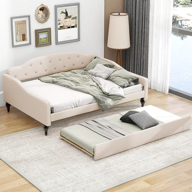 Full Size Upholstered Daybed with Trundle Bed Twin,Linen Sofa-Bed W/Button Tufted Back & Nailhead Decorated Waved Shape Arms,Slat Support,Bedframe for Bedroom Livingroom Small Space,Beige - LeafyLoom