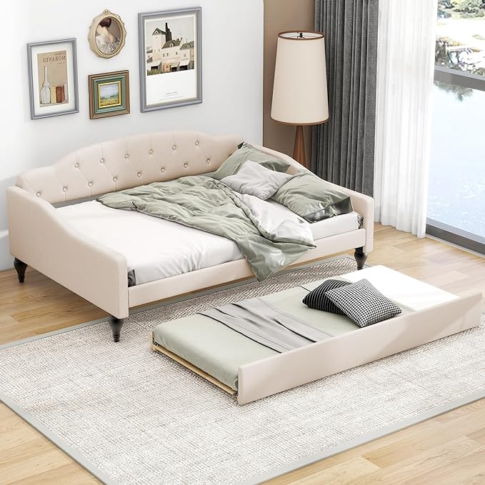 Full Size Upholstered Daybed with Trundle Bed Twin,Linen Sofa-Bed W/Button Tufted Back & Nailhead Decorated Waved Shape Arms,Slat Support,Bedframe for Bedroom Livingroom Small Space,Beige - LeafyLoom