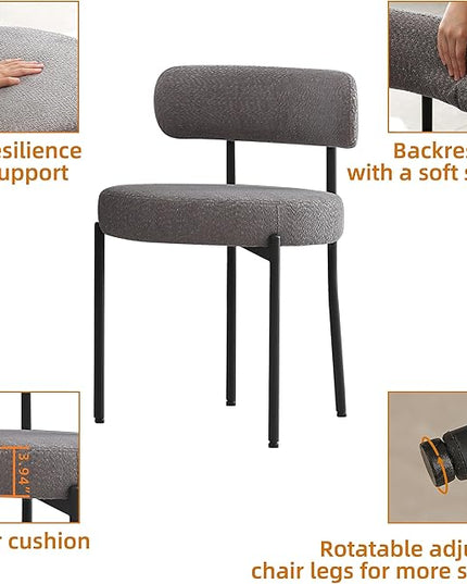 DYHOME Dark Grey Dining Chairs Set of 2, Mid-Century Modern Dining Chairs, Kitchen Dining Room Chairs, Curved Backrest Round Upholstered Boucle Sherpa Dining Chair with Black Metal Legs - LeafyLoom