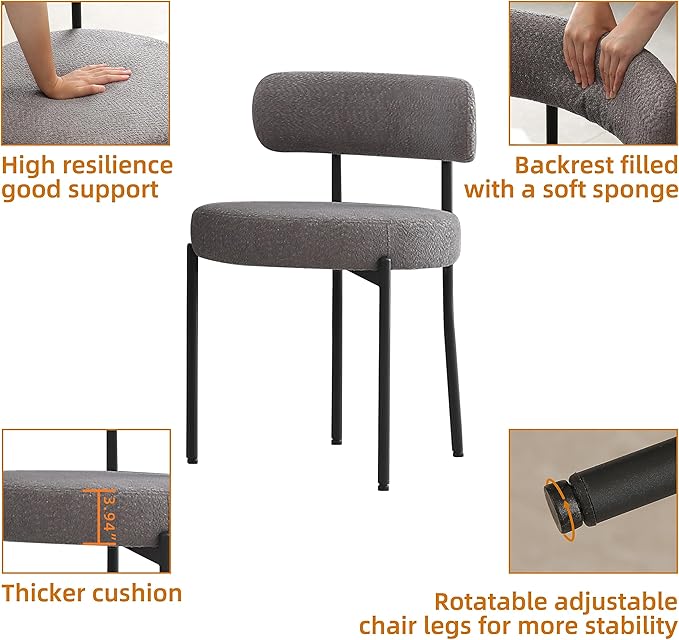 DYHOME Dark Grey Dining Chairs Set of 2, Mid-Century Modern Dining Chairs, Kitchen Dining Room Chairs, Curved Backrest Round Upholstered Boucle Sherpa Dining Chair with Black Metal Legs - LeafyLoom
