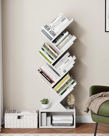 Vagusicc 6 Tier Tree Bookshelf, Modern Floor Standing Bookcase with Storage Drawer, Tall Wood Book Storage Rack for CDs/Books, Utility Book Organizer Shelves for Bedroom/Living Room/Home Office/Corner - LeafyLoom