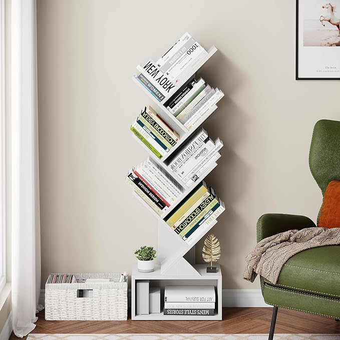 Vagusicc 6 Tier Tree Bookshelf, Modern Floor Standing Bookcase with Storage Drawer, Tall Wood Book Storage Rack for CDs/Books, Utility Book Organizer Shelves for Bedroom/Living Room/Home Office/Corner - LeafyLoom