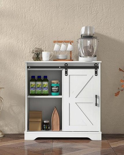 Panana Sliding Barn Door Buffet Sideboard Storage Cabinet Coffee Bar Kitchen Farmhouse Style (White Cabinet) - LeafyLoom