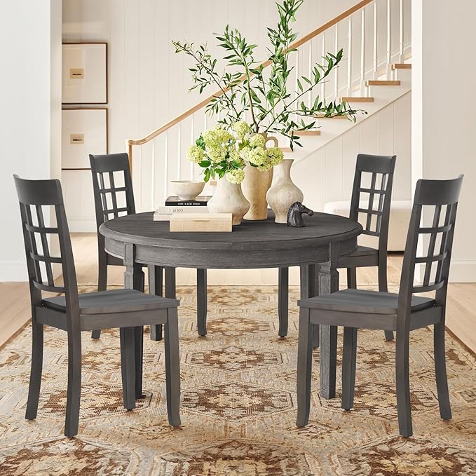 COLAMY Wooden Dining Chairs Set of 6, Nine-Square High Back Kitchen Side Chair, Farmhouse Dining Chairs for Kitchen and Dining Room, Dark Grey - LeafyLoom