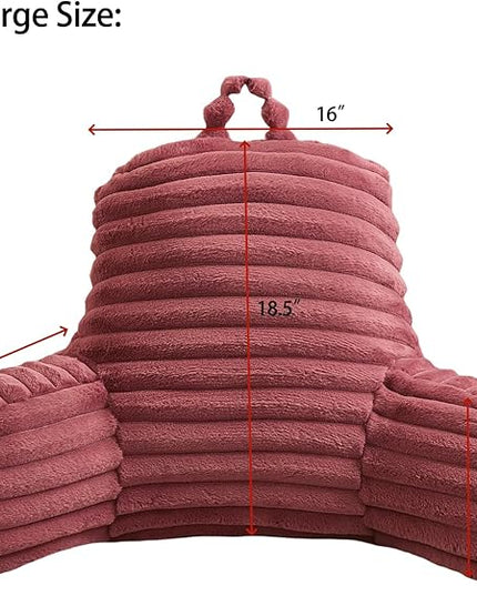 WERDIM Reading Pillow for Sitting in Bed, Faux Fur Back Pillow for Bed Rest, Bed Chair Pillow with Arms and Pockets(Large, Dusty Rose) - LeafyLoom