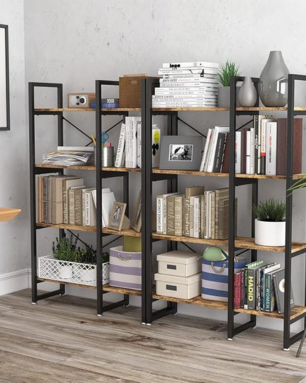 4 Tier Bookcase and Bookshelf, Rustic Industrial Bookshelf, Large Etagere Bookshelf Open Display Shleves with Metal Frame for Living Room Bedroom Home Office, Rustic Brown - LeafyLoom