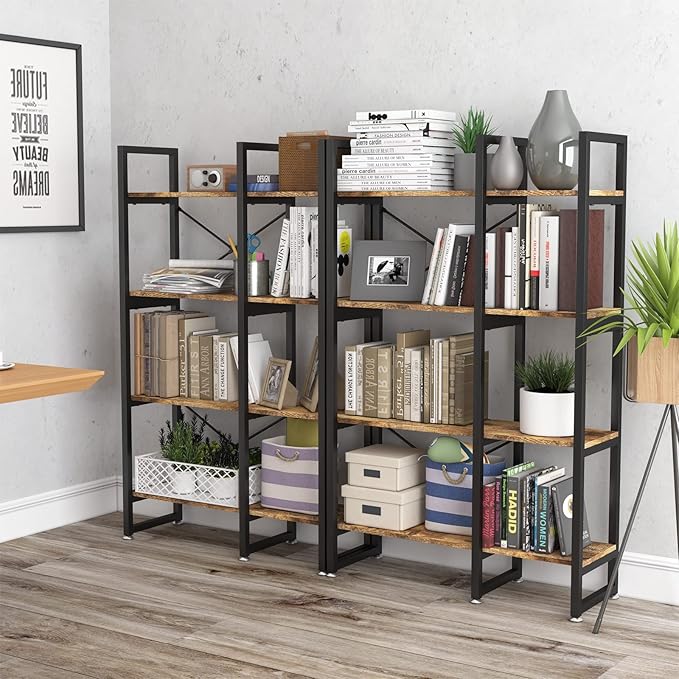 4 Tier Bookcase and Bookshelf, Rustic Industrial Bookshelf, Large Etagere Bookshelf Open Display Shleves with Metal Frame for Living Room Bedroom Home Office, Rustic Brown - LeafyLoom