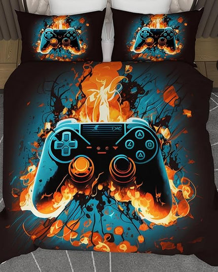 Video Game Queen Size Comforter Set for Boys Kids Teens Gamepad Gaming Controller and Fire Pattern Bedding Set- 3 Piece Quilt with 2 Pillowcases (90"x90") - LeafyLoom