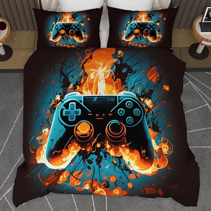 Video Game Twin Size Comforter Set for Boys Kids Teens Gamepad Gaming Controller and Fire Pattern Bedding Set- 3 Piece Quilt with 2 Pillowcases (68"x90") - LeafyLoom
