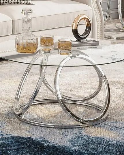 O&K FURNITURE Round Coffee Table, Modern Silver Coffee Table Living Room Table with Ring-Shaped Frames, Glass Coffee Table for Home&Office, Chrome Finish, 1 PC - LeafyLoom