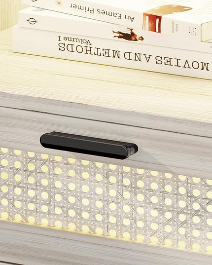 Rattan Nightstand with Charging Station, Night Stand with 3 Drawers and Open Shelf, Bed Side Table with LED Lights for Bedroom, Living Room, Grey - LeafyLoom