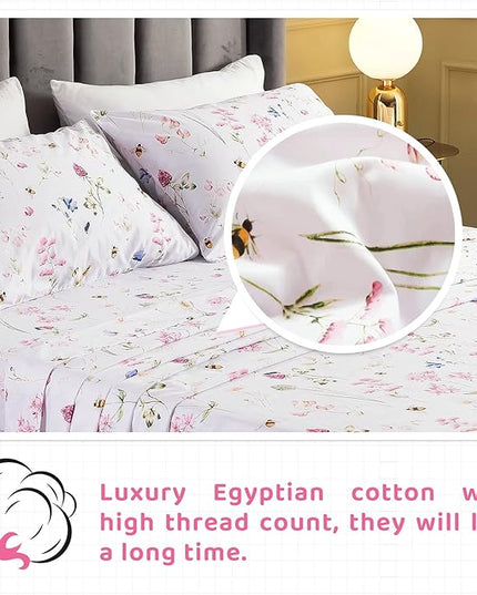 QSH Floral Bed Sheets Set King Size - Shabby Flower Bee Print Bed Sheet Set - Extra Soft and Breathable 100% Egyptian Cotton - 4 pcs King Size Sheets with Deep Pockets Flower Bed Sheets - LeafyLoom