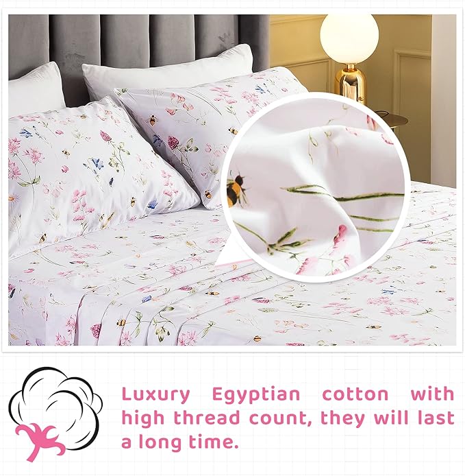QSH Floral Bed Sheets Set King Size - Shabby Flower Bee Print Bed Sheet Set - Extra Soft and Breathable 100% Egyptian Cotton - 4 pcs King Size Sheets with Deep Pockets Flower Bed Sheets - LeafyLoom