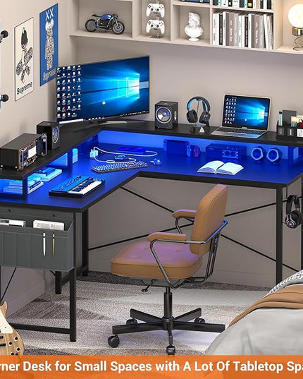 armocity L Shaped Computer Desk with Power Outlets, Gaming Desk L Shaped with LED Lights, Corner Desk with Storage Shelves, Work Study Desk for Bedroom, Home Office Small Spaces, 47'', Black - LeafyLoom