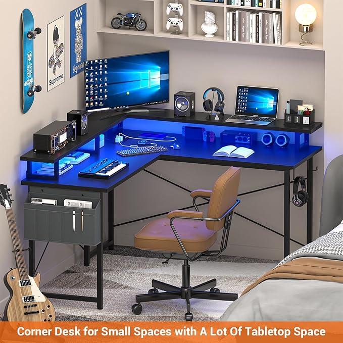armocity L Shaped Computer Desk with Power Outlets, Gaming Desk L Shaped with LED Lights, Corner Desk with Storage Shelves, Work Study Desk for Bedroom, Home Office Small Spaces, 47'', Black - LeafyLoom