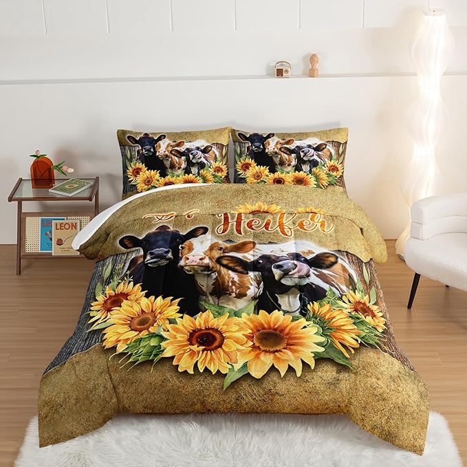 HOSIMA Farmhouse Animal Cow Comforter Western Bedding Sets,Sunflower Comforter for Girls Boys Teens,Cow Print Bedding Room Decor,Floral Full Size Comforter Set with 2 Pillowcases. - LeafyLoom