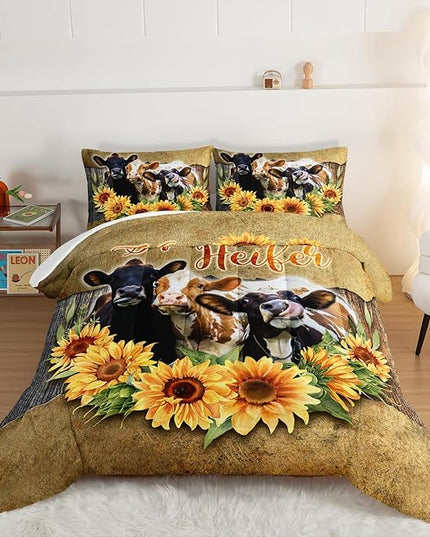 HOSIMA Farmhouse Animal Cow Comforter Western Bedding Sets,Kids Sunflower Comforter Twin Bed in a Bag for Girls Boys,Cow Print Bedding Room Decor,Floral Comforter Set with 2 Pillowcases. - LeafyLoom