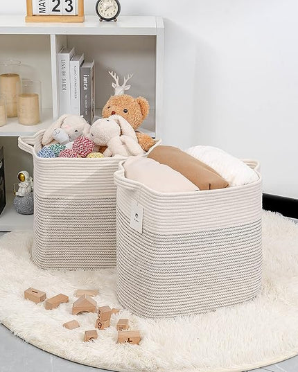 Hampers for Bins Large Blanket Basket,Storage Basket Rectangle Woven Baskets for Storage, Nursery Cotton Rope Basket Living Room, Toy Basket For Organizing, With Handle Dirty Clothes Basket - LeafyLoom