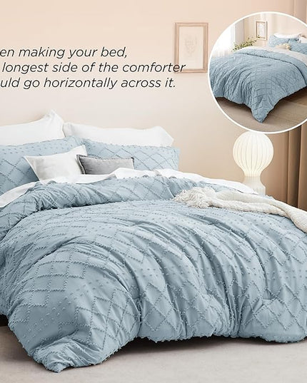 Bedsure King Size Comforter Set - Dusty Blue Comforter, Boho Tufted Shabby Chic Bedding Comforter Set, 3 Pieces Farmhouse Bed Set for All Seasons, Fluffy Soft Bedding Set with 2 Pillow Shams - LeafyLoom