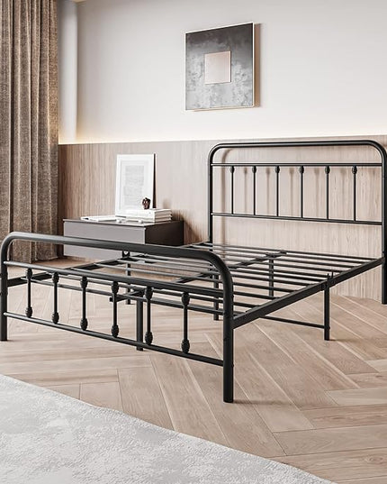 Vintage Full Size Bed Frame with Headboard and Footboard Mattress Heavy Duty Metal Platform, Steel Slat Support (Full, Black Sanded) - LeafyLoom