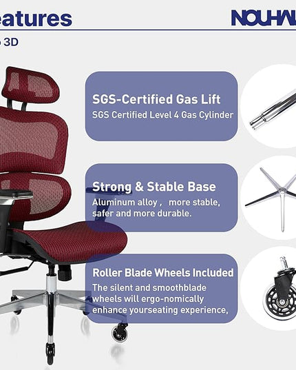 Nouhaus Ergo3D Ergonomic Office Chair Lumbar Support Mesh Office Chair with 4D Adjustable Armrest, Adjustable Headrest and Wheels, Mesh High Back Home Office Desk Chairs(Burgundy) - LeafyLoom