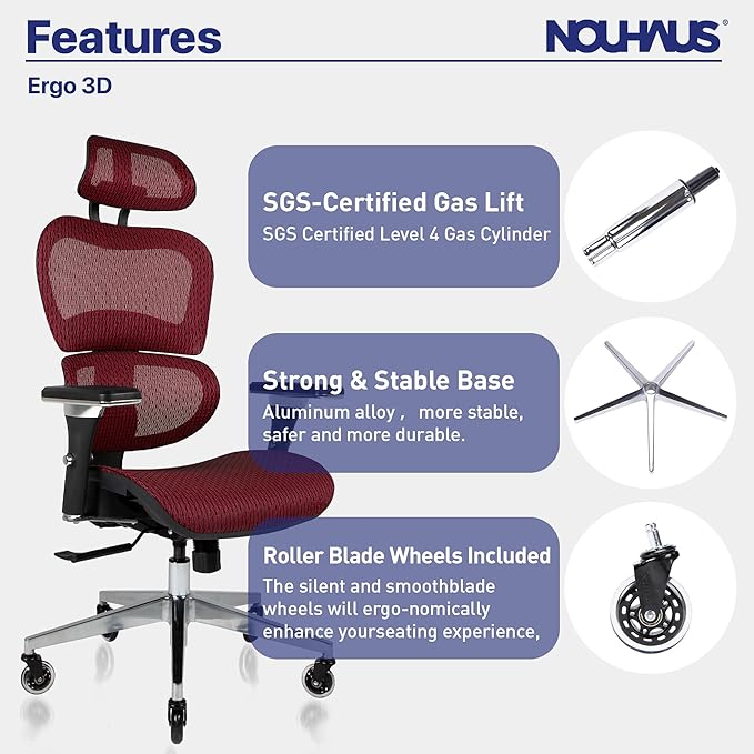 Nouhaus Ergo3D Ergonomic Office Chair Lumbar Support Mesh Office Chair with 4D Adjustable Armrest, Adjustable Headrest and Wheels, Mesh High Back Home Office Desk Chairs(Burgundy) - LeafyLoom