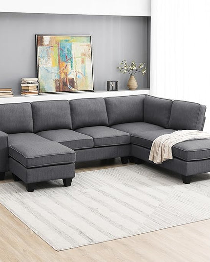 104" L-shaped Sectional Sofa-7 Seater Couch Set with Chaise Lounge and Convertible Ottoman, Comfy Sectional Couches for Living Room,Apartment,Office - LeafyLoom