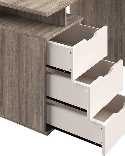Lavish Home Contemporary Desk with Attached 3-Drawer File Cabinet for Home Office, Bedroom, Computer, or Craft Table, 43-Inch Long, White and Natural - LeafyLoom