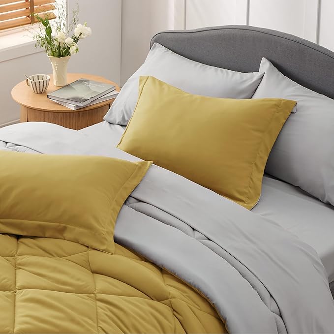 Bedsure Mustard Yellow California King Comforter Set - 7 Pieces Reversible Cal King Bed in a Bag, Cal King Mustard Yellow and Grey Bed Set with Comforters, Sheets, Pillowcases & Shams - LeafyLoom