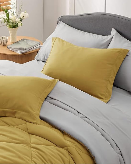 Bedsure Mustard Yellow Queen Comforter Set - 7 Pieces Reversible Queen Bed in a Bag, Queen Bed Set Mustard Yellow and Grey with Comforters, Sheets, Pillowcases & Shams - LeafyLoom