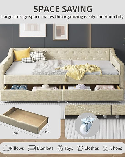 Full Size Upholstered Daybed with 2 Drawers,Wood Sofa Bed Frame W/Button Tufted Backrest and Waved Shape Arms,Slats Support,Linen Fabric Day Bed,for Bedroom,Living Room,Apartment,Beige - LeafyLoom