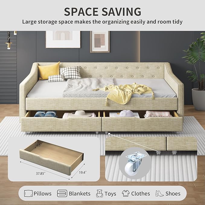 Full Size Upholstered Daybed with 2 Drawers,Wood Sofa Bed Frame W/Button Tufted Backrest and Waved Shape Arms,Slats Support,Linen Fabric Day Bed,for Bedroom,Living Room,Apartment,Beige - LeafyLoom