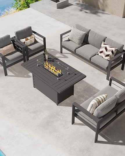 Wisteria Lane 5 Piece Aluminum Outdoor Patio Furniture Set with 54 Inch Propane Gas Fire Pit Table, Modern Patio Conversation Sets with Outdoor Sectional Couch for Backyard, Garden, Dark Grey - LeafyLoom