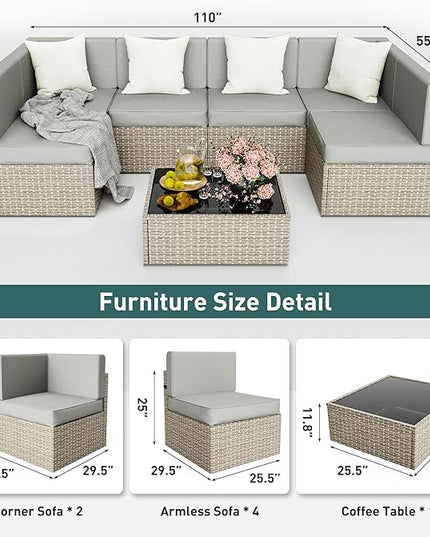 Pamapic Patio Furniture Set, 7 Pieces Modular Outdoor Sectional,Wicker Patio Sectional Sofa Conversation Set, Rattan Sofa with Coffee Table and Washable Cushions Covers, Grey Rattan(Grey Cushions) - LeafyLoom