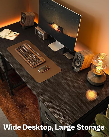 47 Inch Computer Desk with 4 Drawers, Office Desk with Mesh Shelf, Gaming Desk, Large Storage, Writing Desk Work Desk for Home Office, Study, Bedroom, Work from Home, Black - LeafyLoom