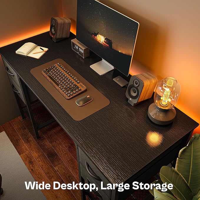 47 Inch Computer Desk with 4 Drawers, Office Desk with Mesh Shelf, Gaming Desk, Large Storage, Writing Desk Work Desk for Home Office, Study, Bedroom, Work from Home, Black - LeafyLoom