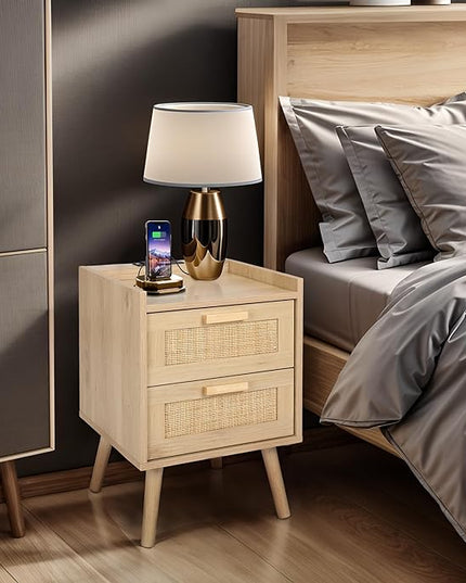 Finnhomy Nightstand with Charging Station, Bedside Table with 2 Hand Made Rattan Decorated Drawers, Night Stand with Storage for Bedroom, Natural - LeafyLoom