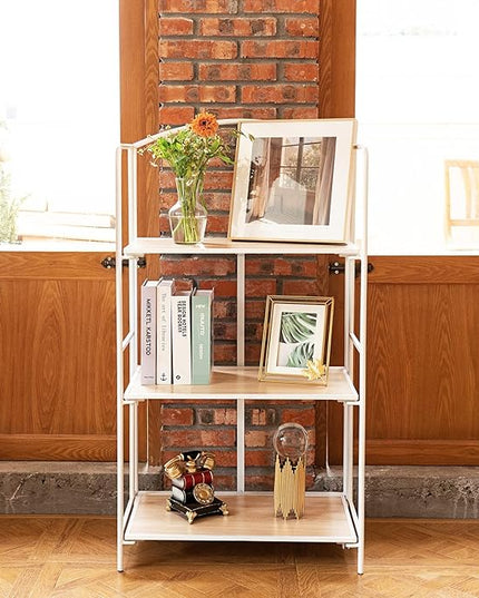 No Assembly Folding Bookshelf, 3 Tier White Bookshelf, Metal Book Shelf for Storage, Folding Bookcase for Office Organization and Storage, 12.6" D x 22.44" W x 42.13" H - LeafyLoom