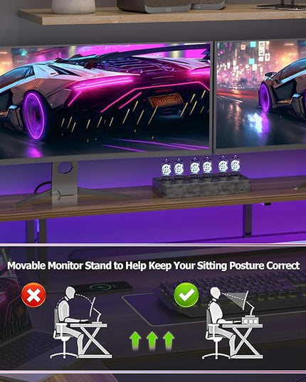 L Shaped Gaming Desk with Power Outlets, 47 Inch Computer Desk with LED Lights and Reversible Shelves, Corner Desk Work Desk for Home Office Bedroom, Walnut - LeafyLoom