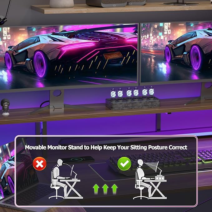 L Shaped Gaming Desk with Power Outlets, 47 Inch Computer Desk with LED Lights and Reversible Shelves, Corner Desk Work Desk for Home Office Bedroom, Walnut - LeafyLoom