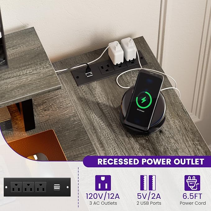 Homieasy L Shaped Gaming Desk with Power Outlet & LED Light, 55 Inch Computer Desk with Storage Shelves, Reversible Corner Desk with Monitor Stand Headset Hooks for Home Office, Black Oak - LeafyLoom