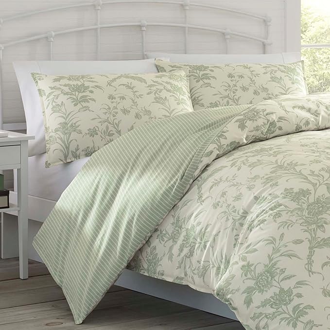 Laura Ashley Home - King Size Comforter Set, Reversible Cotton Bedding, Includes Matching Shams with Bonus Euro Shams & Throw Pillows (Natalie Sage/Off White, King) - LeafyLoom