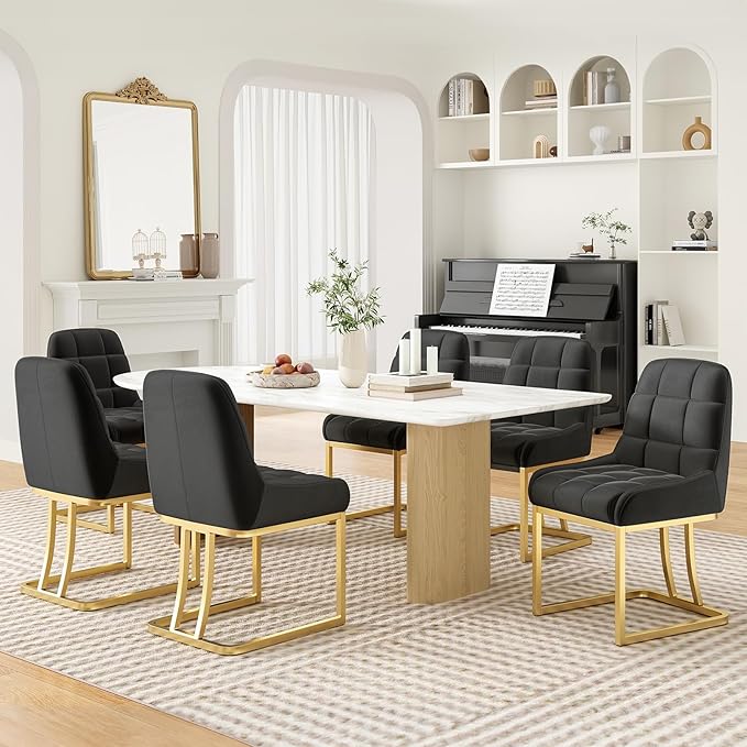 STARY Upholstered Velvet Armless Dining Room Chairs with Gold Metal Legs for Kitchen Restaurant, Black- Set of 4 - LeafyLoom