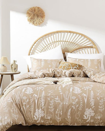 JANZAA Twin Comforter Taupe Comforter Set Floral Comforter Set Bedding Set White Flower Printed Lightweight Comforter with 1 Pillow Case for All Season Using - LeafyLoom